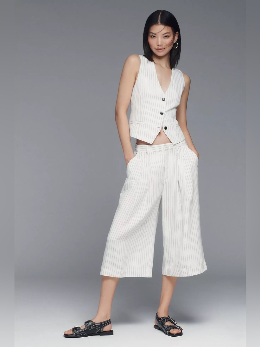Maeve Anthropologie Women’s Petite Small Striped Linen Blend Wide Leg Crop Pants